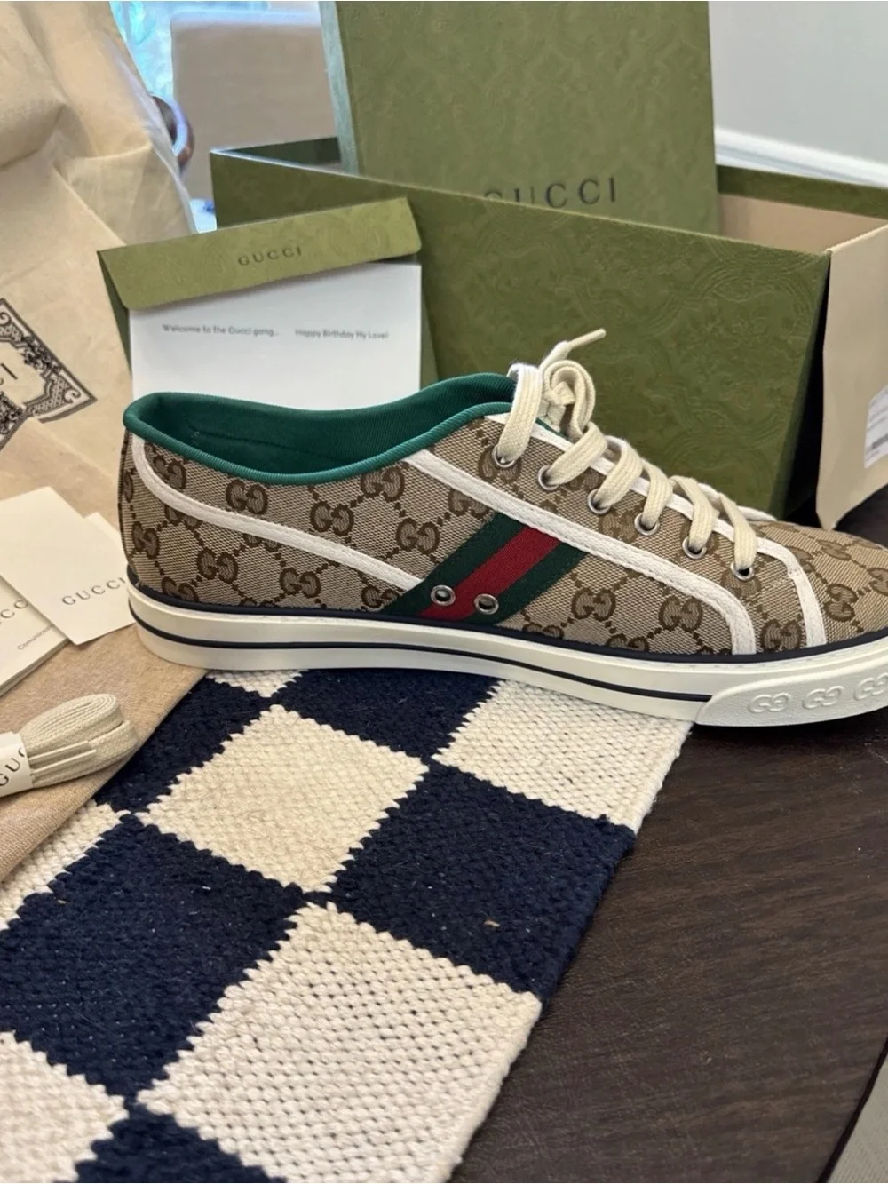 Gucci Beige GG Canvas Low-Top Sneakers with Green-Red Web Stripe